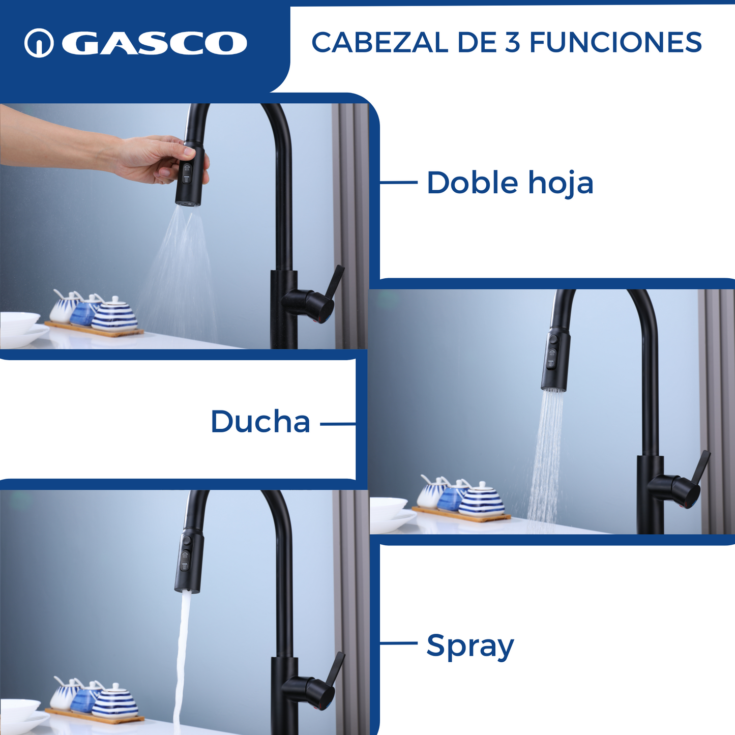 Grifo Monomando GASCO para Fregadero con Cuello Extensible - Acabado Negro