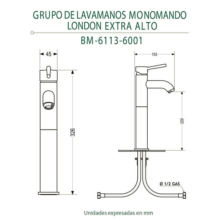 Grifo monomando alto para lavamanos London en latón cromado – Doble temperatura (incluye desagüe)