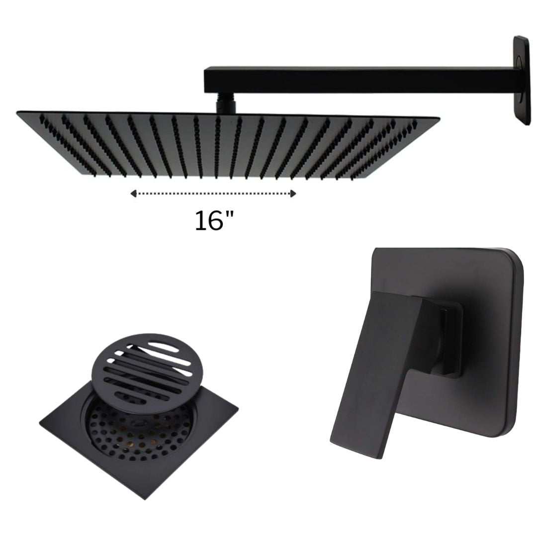 Combo Regadera para Ducha Cuadrada de 16" Ultra Delgada en Acero Inoxidable (Negro Mate)
