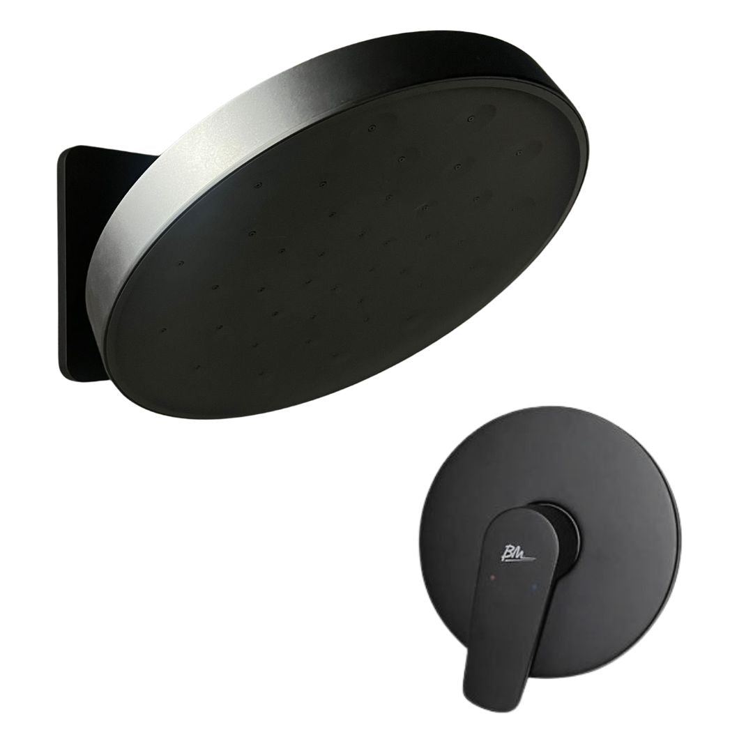 Combo Minimalista de Ducha Redonda de 12" + Monomando Mezclador Acero Inoxidable (Negro Mate)