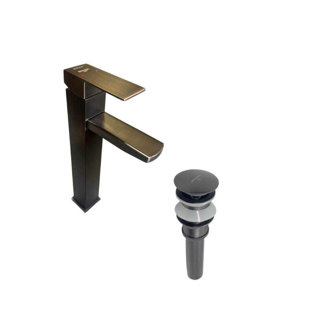 Combo de Grifo Monomando para Lavamanos Boxer Alto de 30CM - Acabado Gun Metal + Desagüe Push Gun Metal (Plomo)