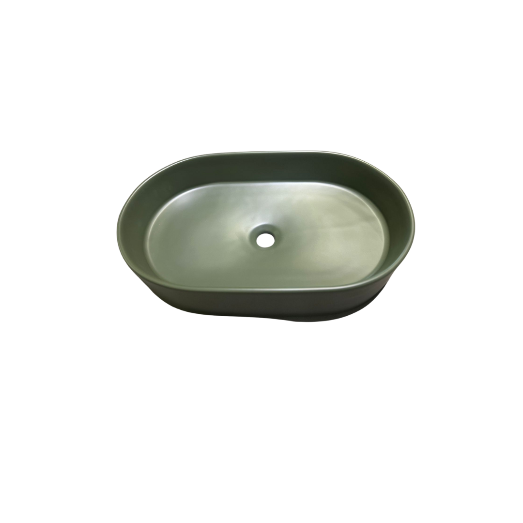 Lavamanos Tipo Bowl Cerámico Ovalado (61x38X12CM) con Acabado Verde Oliva