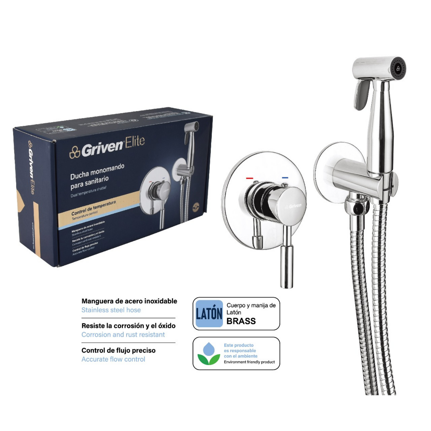 Ducha Monomando para Sanitario (Bidet) con acabado Cromado - Acero Inoxidable y Laton de Doble Temperatura