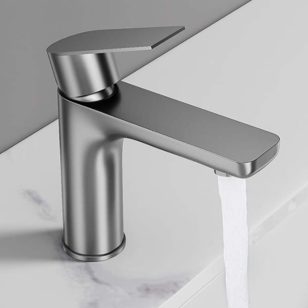 Grifo monomando bajo para lavamanos Hydrium en acero inoxidable gunmetal - Doble temperatura
