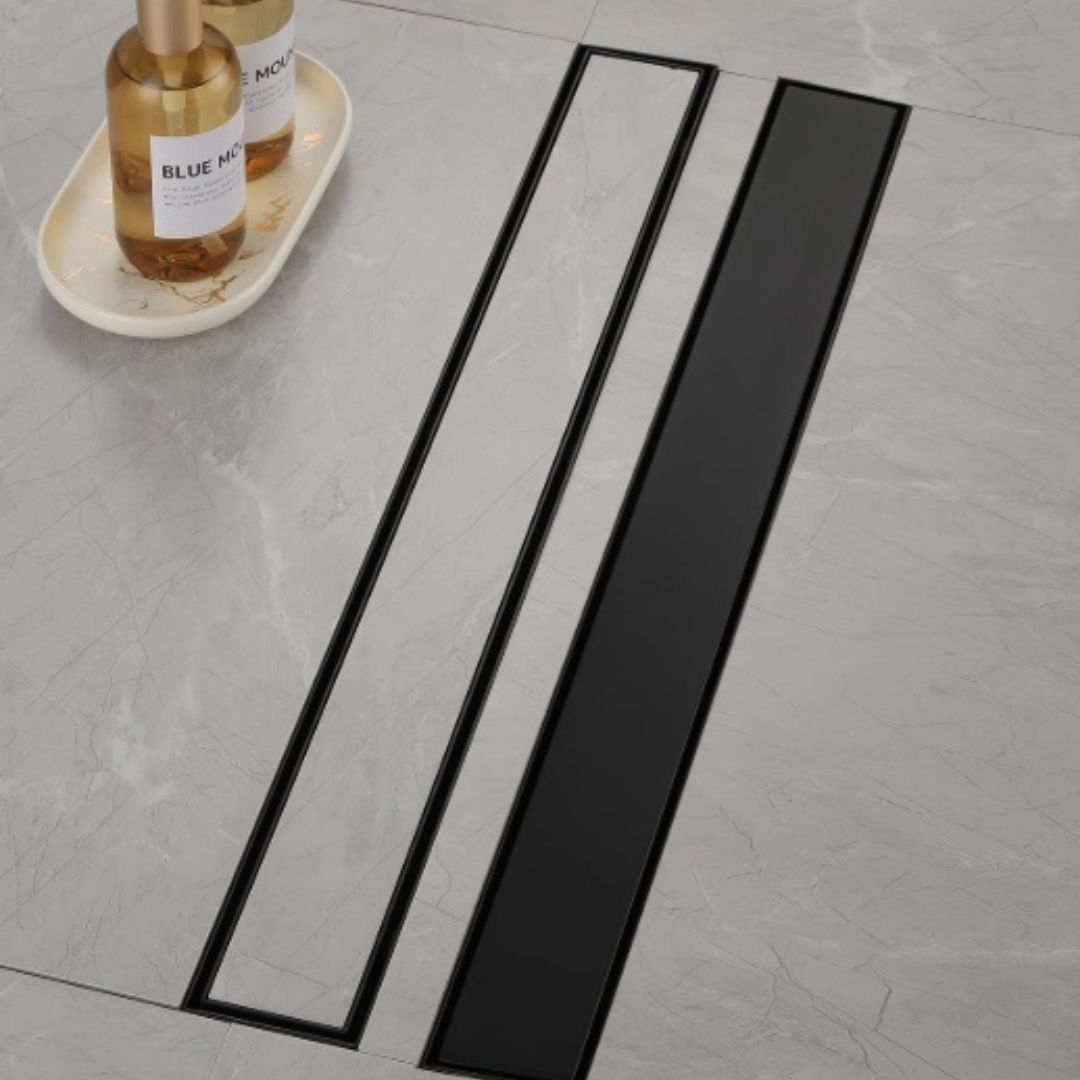 Desagüe de Baño Lineal Doble Función para Inserción de Baldosa 600x80 en Acero Inoxidable acabado Negro Mate