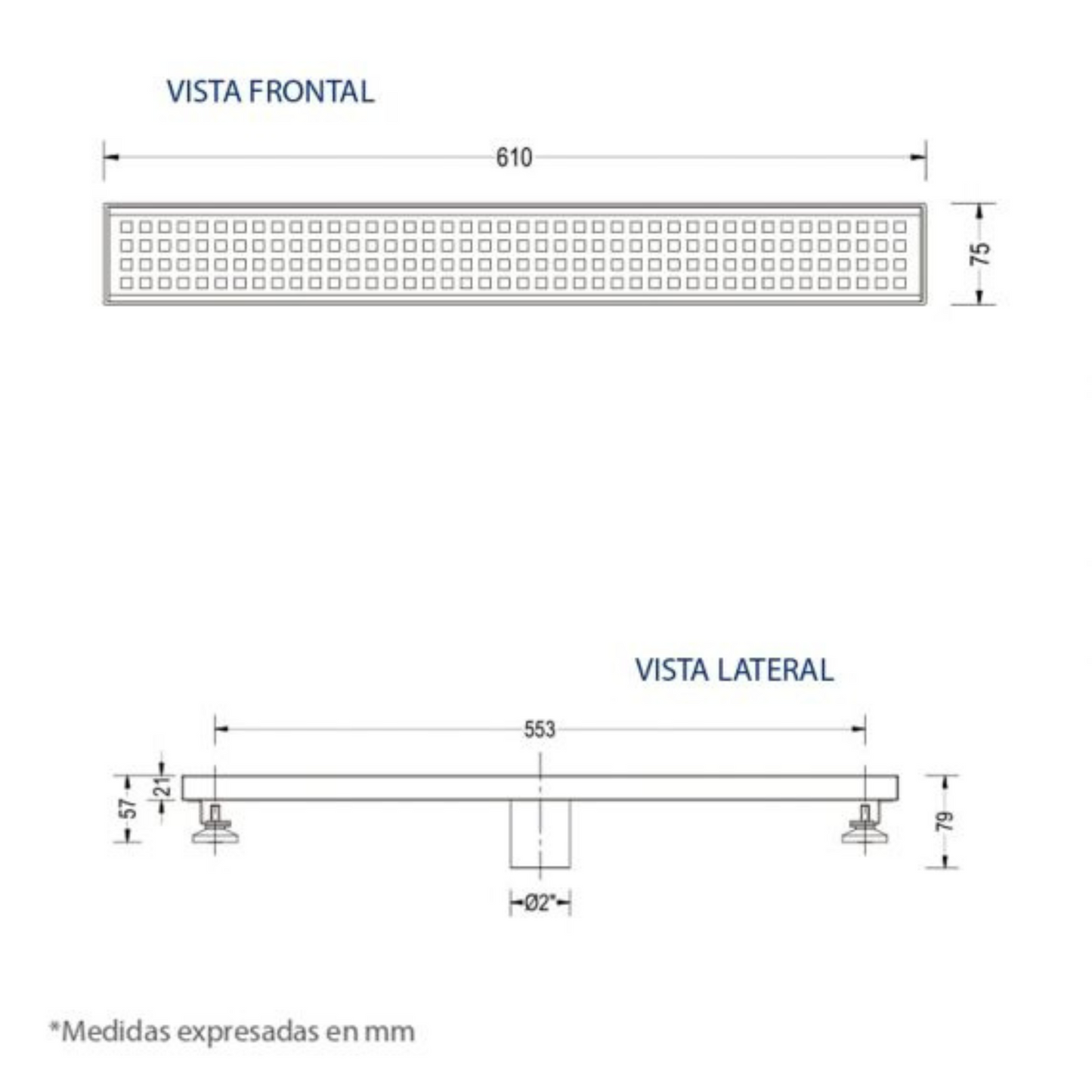 Desagüe de Baño Rectangular Perforada en Cuadros 610x75 en Acero Inoxidable acabado Satinado