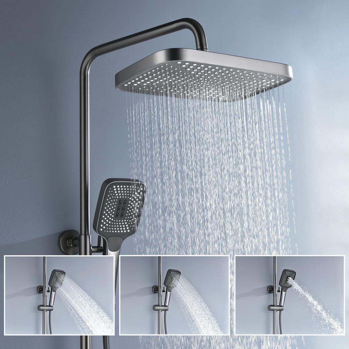 Set Completo para Baño - Soporte de Pared, Cabezal Cuadrado de 9" y Ducha de Mano Cuadrada (Acabado Gun Metal)
