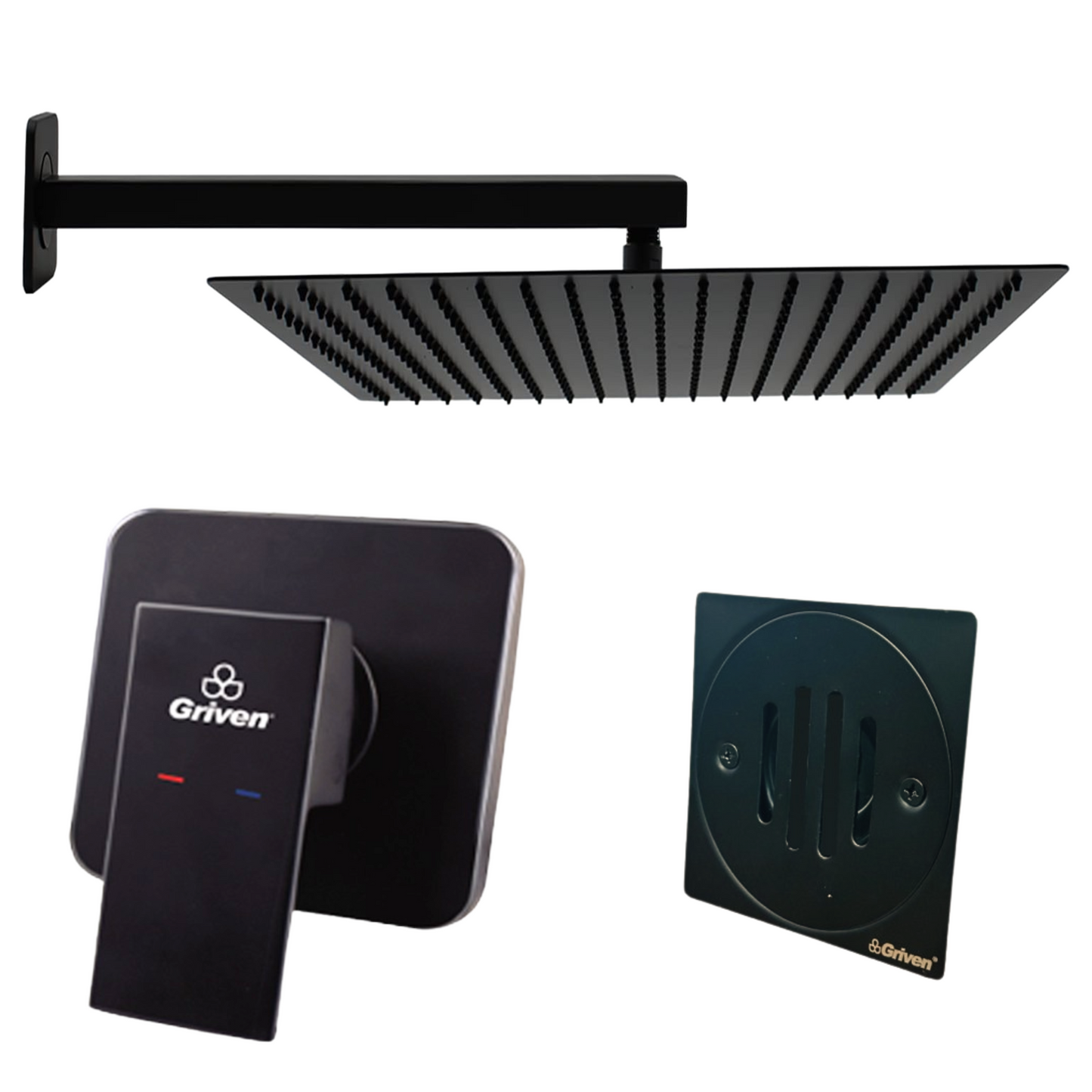 Combo Regadera para Ducha Cuadrada de 12" Ultra Delgada en Acero Inoxidable (Negro Mate)