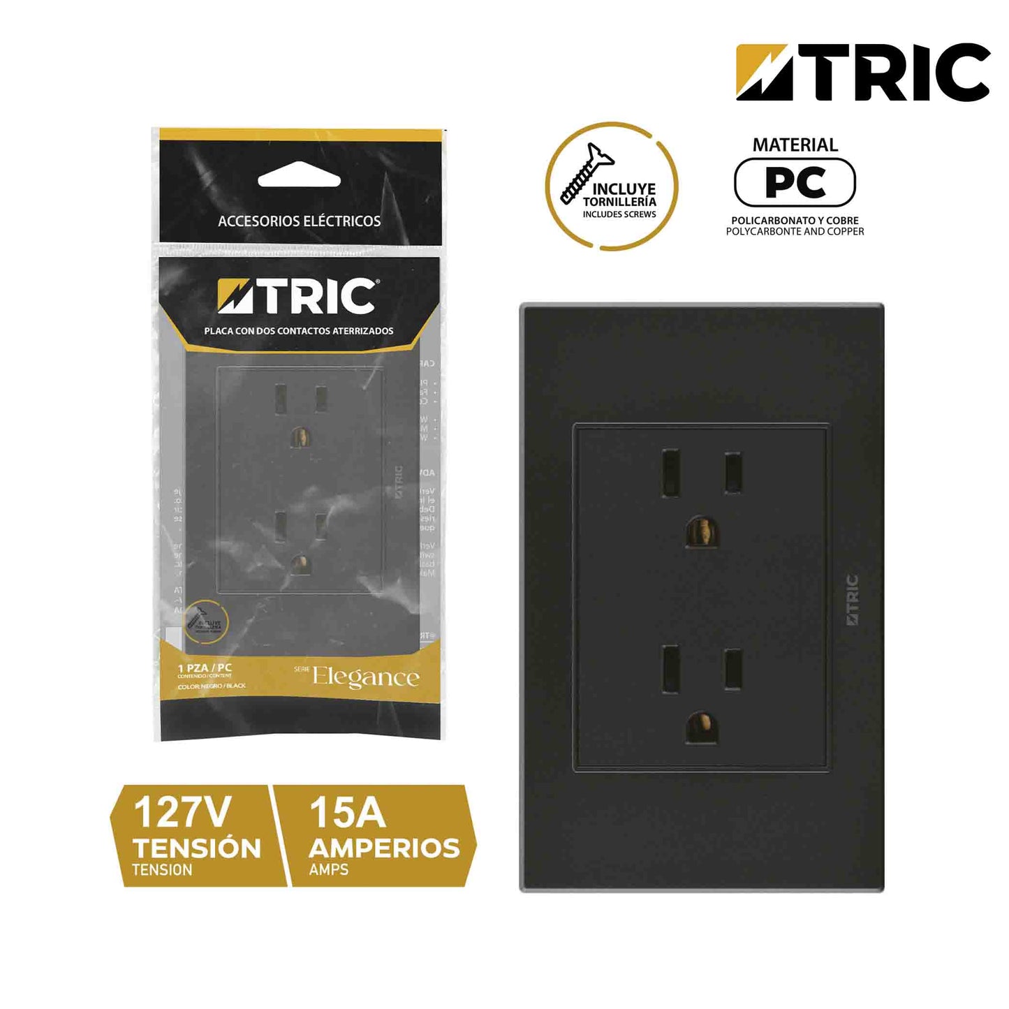 Tomacorriente doble de 127V y 15A – Negro