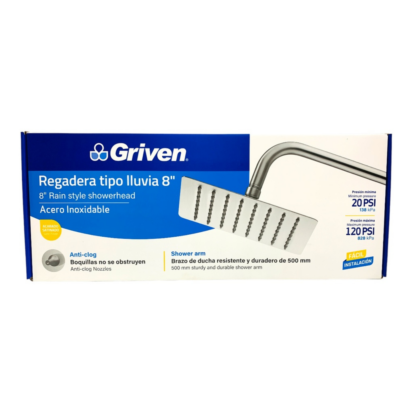 Ducha Cuadrada de 8" Ultra Delgada en Acero Inoxidable (Satinada)