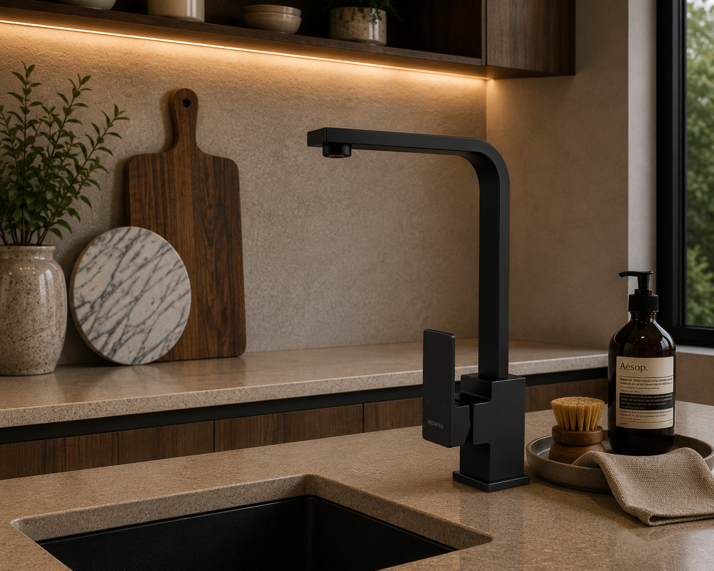 Grifo monomando para fregadero con cuello recto en acero inoxidable negro - Doble temperatura