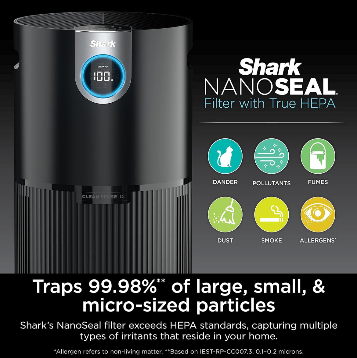 Shark Purificador de aire para el hogar, la oficina y el dormitorio, tecnología Clean Sense, filtro de aire HEPA, 1200 pies cuadrados, captura el 99.98% de las partículas, caspa de mascotas,