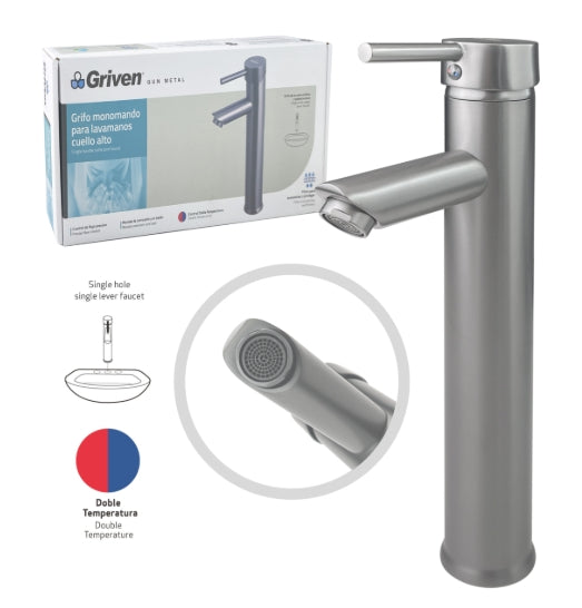 Combo de Grifo Monomando en Acero Inoxidable de Doble Temperatura con Altura de 30CM para Baño - Acabado Gun Metal