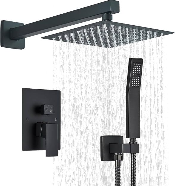 Set de Ducha Cuadrada, Monomando y Ducha de Mano en Acero Inoxidable - Acabado Negro Mate