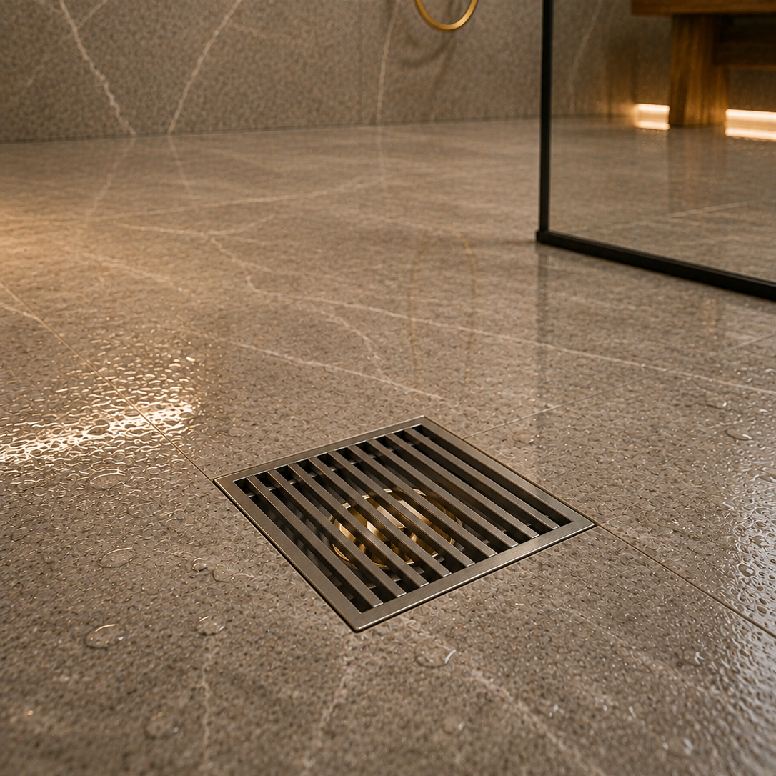 Desagüe para piso cuadrado 4" x 4" tipo rejilla en acero inoxidable satinado