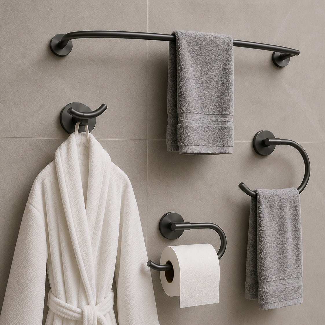 Set de Accesorios para Baño (4 Piezas) - Acero Inoxidable / Acabado Gunmetal (plomo)