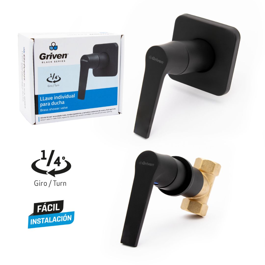 Llave individual para ducha cuadrada en acero inoxidable negro - Una temperatura