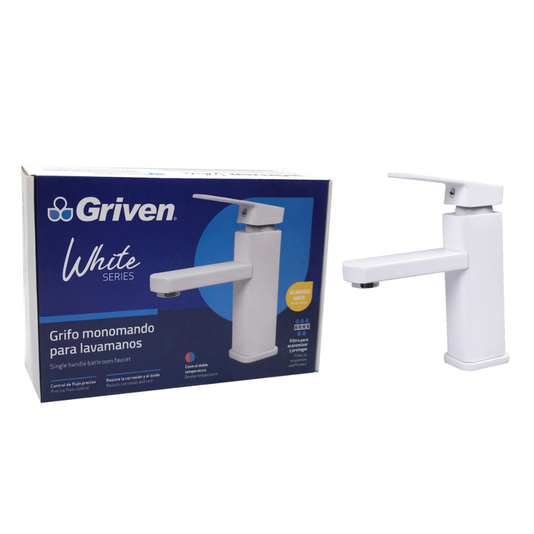 Grifo monomando bajo para lavamanos Griven en acero inoxidable blanco - Doble temperatura