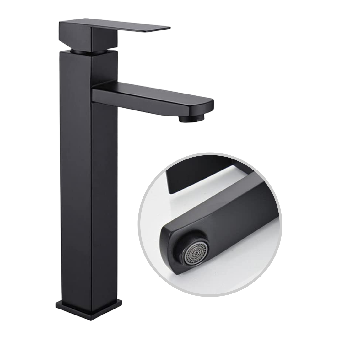 Grifo monomando alto para lavamanos Percival en acero inoxidable negro - Doble temperatura