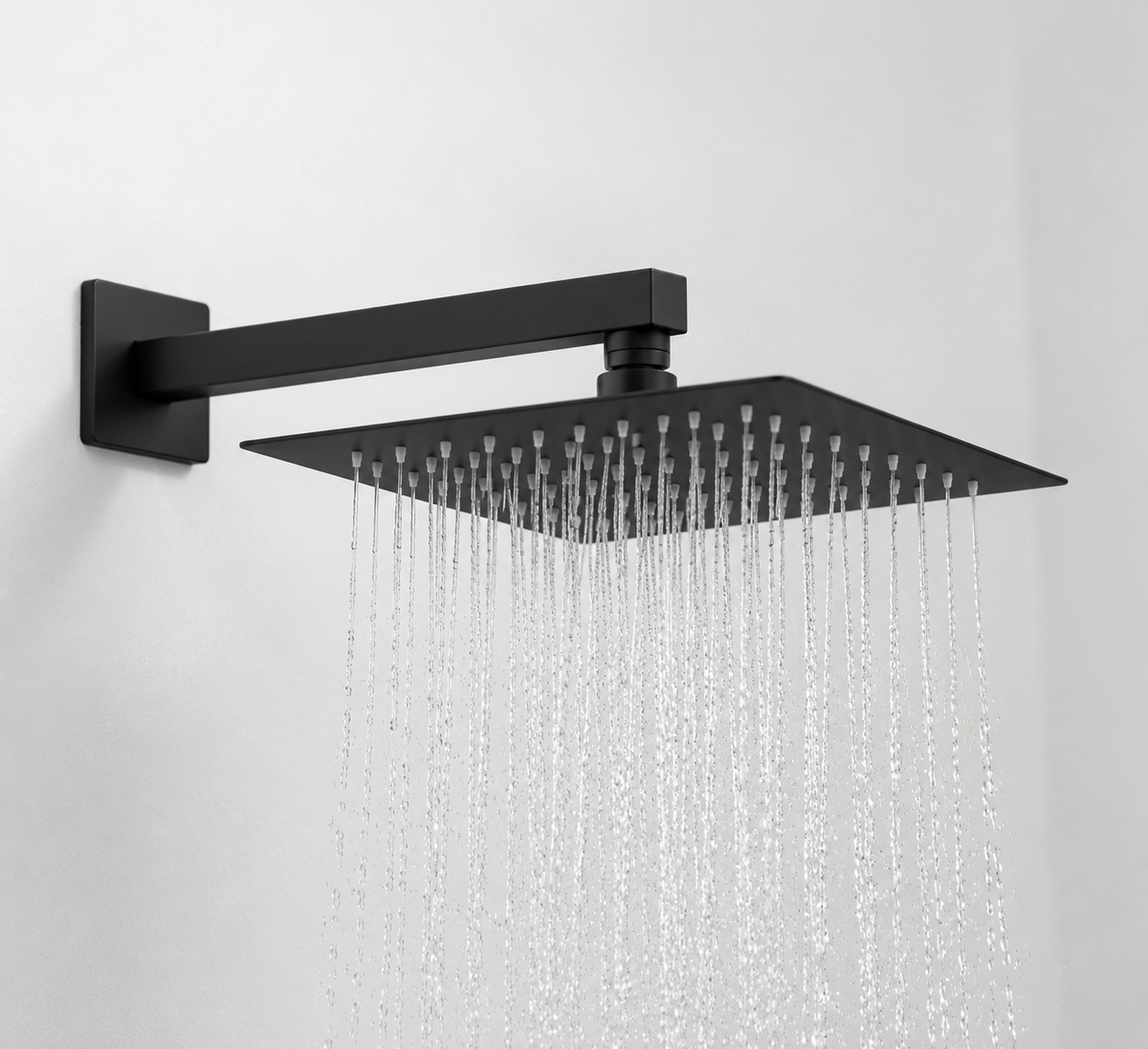 Regadera de ducha cuadrada de 8” en acero inoxidable negro mate con brazo de 30 cm