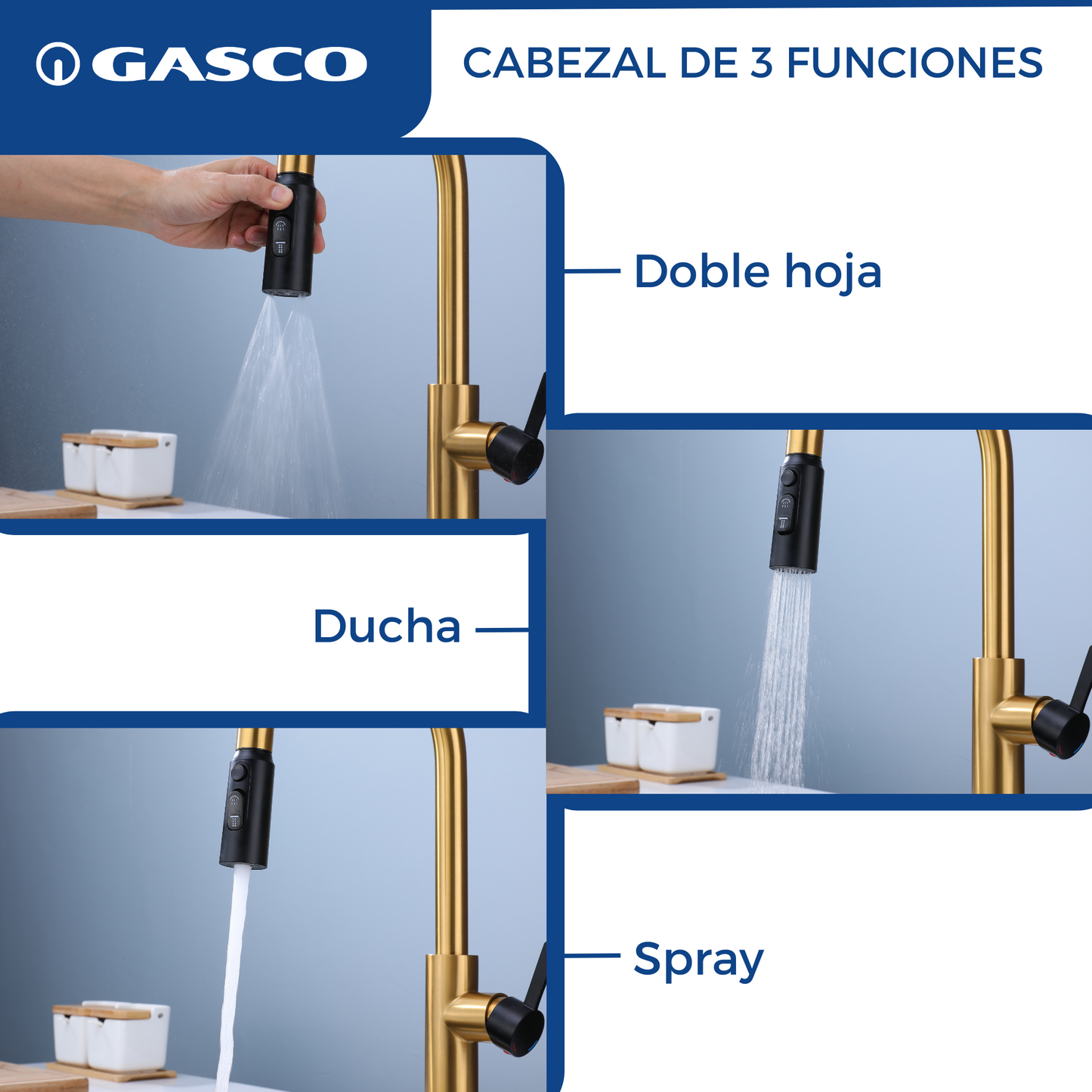 Grifo monomando para fregadero Girona-G con cuello extensible en acero inoxidable dorado con negro - Doble temperatura
