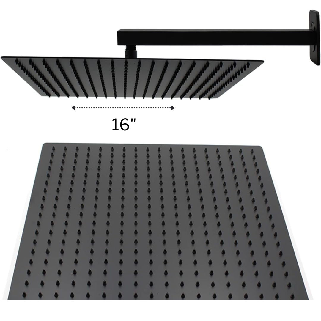 Regadera de ducha cuadrada 16" ultradelgada en acero inoxidable negro con tubo de 50 cm