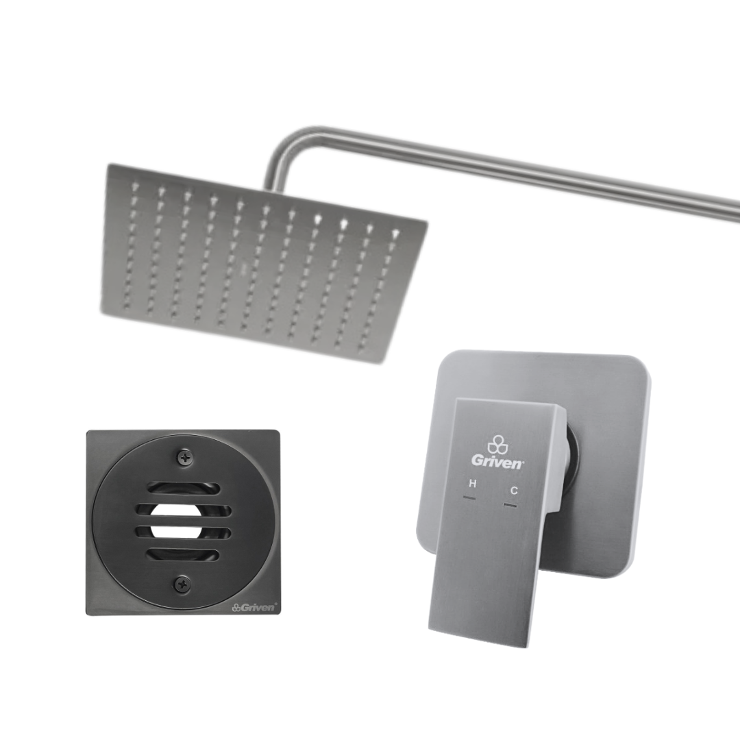 Combo de Ducha Cuadrada de 8" Ultra Delgada con tubo de 50CM, Monomando Mezclador y Desagüe de Piso en Acero Inoxidable con acabado Satinado