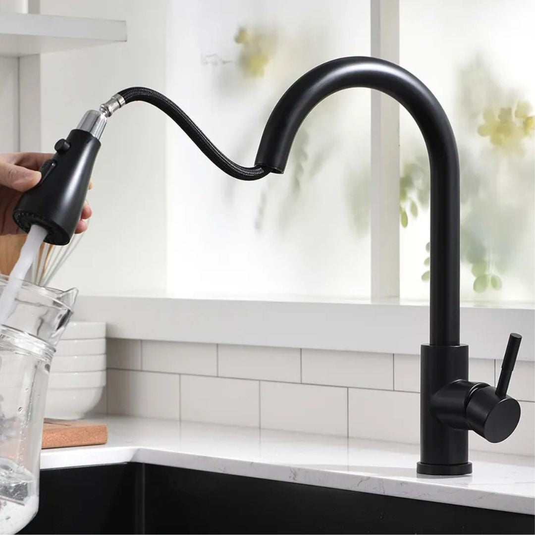 Grifo Monomando con Cuello Extensible en Acero Inoxidable Tipo Cisne - Acabado Negro