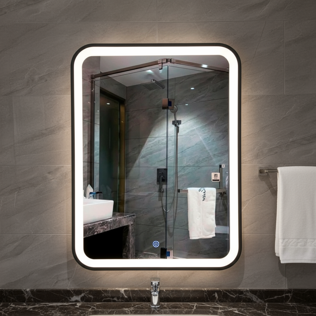 Espejo con Luz LED con Marco Negro Mate - Rectangular 80x60CM con Sistema Antiempañante - 3 Tonos de Luz