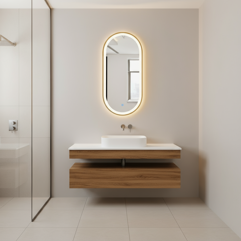 Espejo Ovalado con Acabado Dorado de 50X90CM con Luz LED - 3 Tonos de Luz