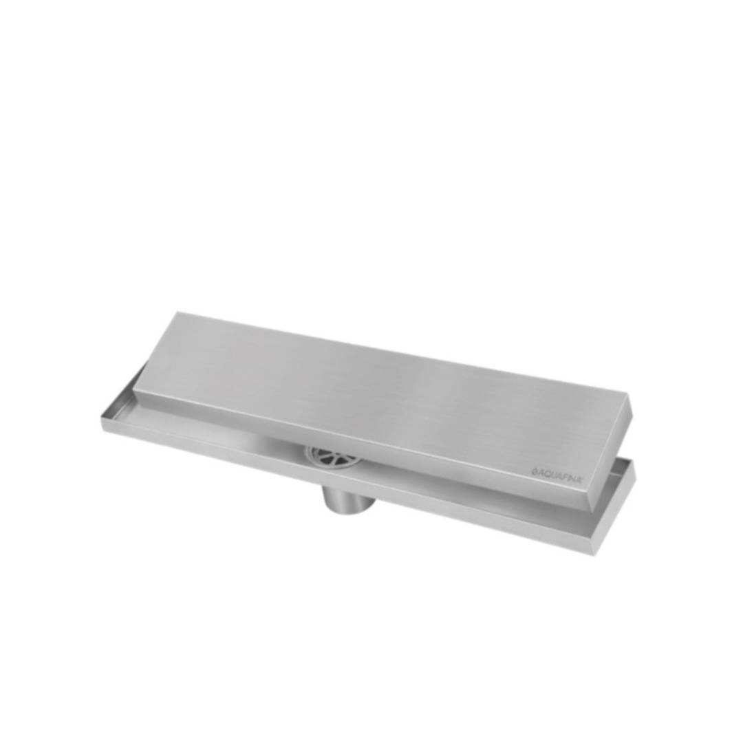 Desagüe para piso lineal 30 x 8 cm con doble función para inserción de baldosa en acero inoxidable satinado