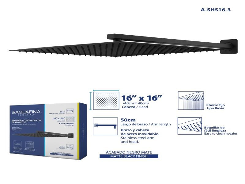 Ducha Cuadrada de 16" Ultradelgada en Acero Inoxidable (Negra)