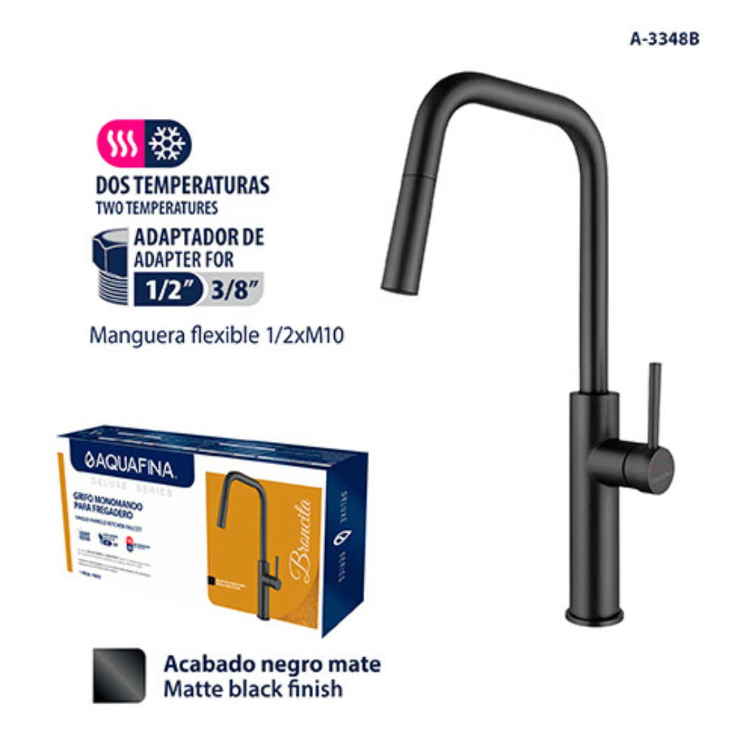Grifo monomando para fregadero Broncita con cuello extensible en acero inoxidable negro - Doble temperatura
