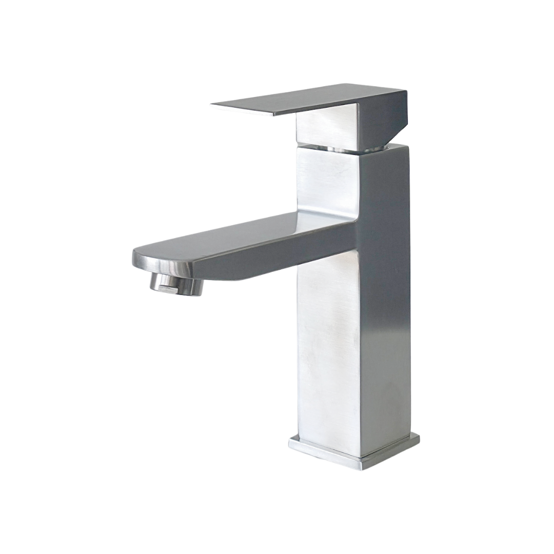 Grifo monomando bajo para lavamanos Kennedy en acero inoxidable satinado - Doble temperatura