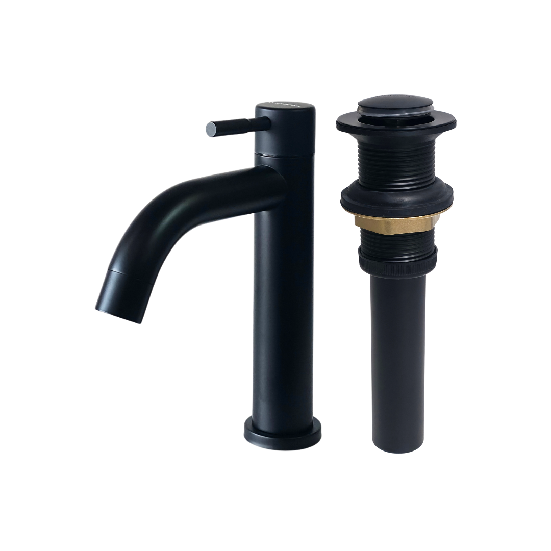 Combo de grifo individual bajo para lavamanos Selenita en acero inoxidable negro + Desagüe push