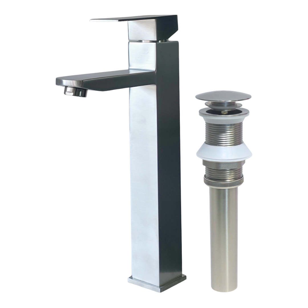 Combo de grifo monomando alto para lavamanos Kennedy en acero inoxidable satinado + Desagüe push