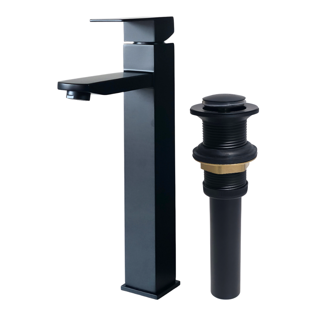 Combo de grifo monomando alto para lavamanos Kennedy en acero inoxidable negro + Desagüe push