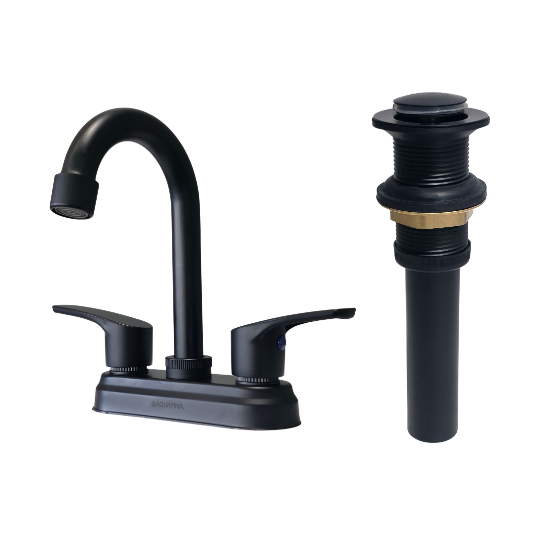 Grifo central para lavamanos cuello tipo bar en acero inoxidable y ABS negro + Desagüe push