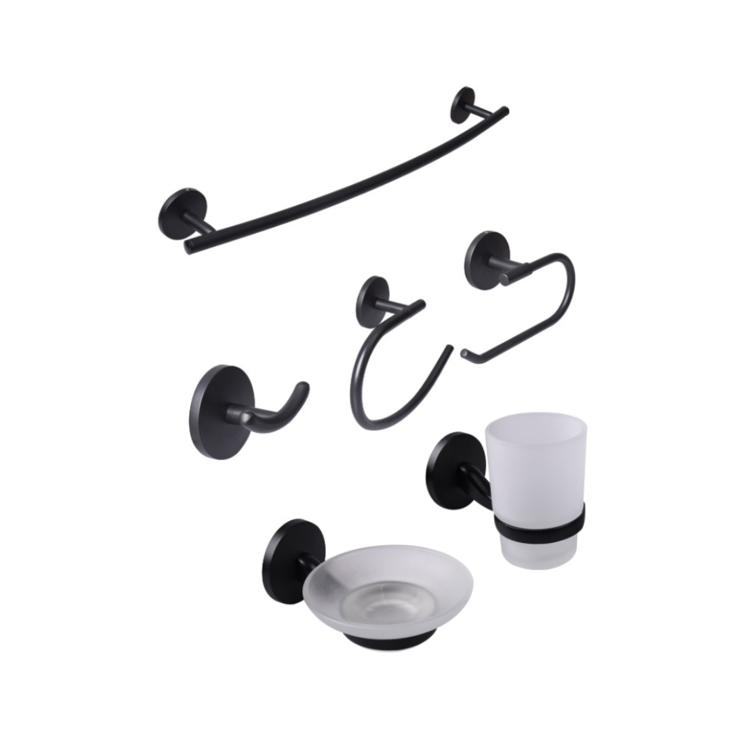 Set de Accesorios para Baño (6 Piezas) - Acero Inoxidable / Acabado Negro Mate