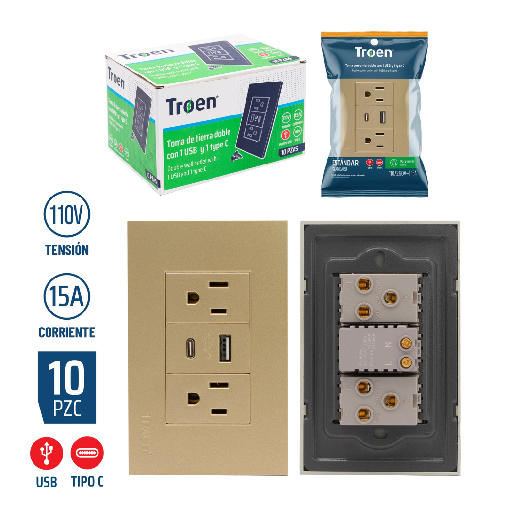 Tomacorriente doble polarizado y aterrizado con puertos USB 110V 15AMP - Dorado