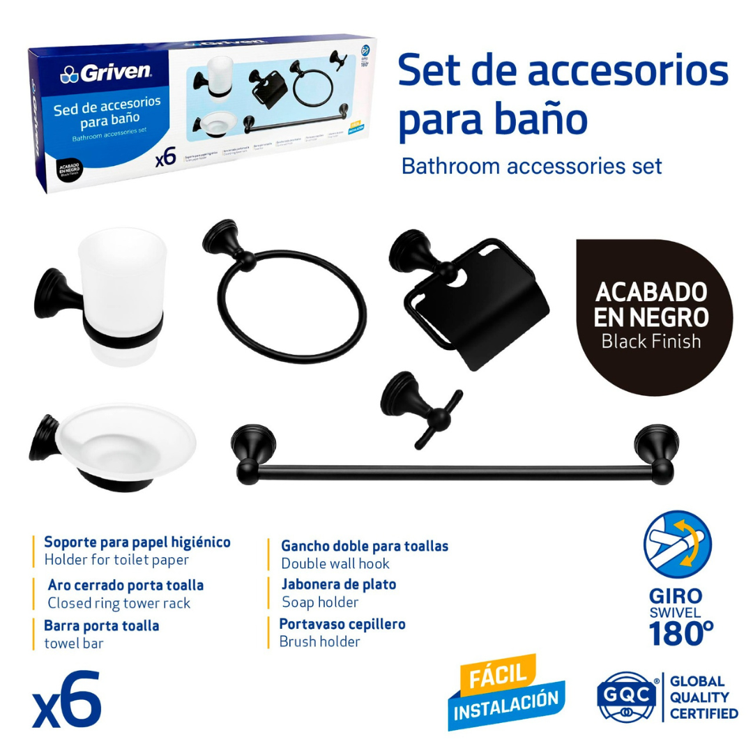 Set de Accesorios para Baño (6 Piezas) - Acero Inoxidable / Acabado Negro Mate