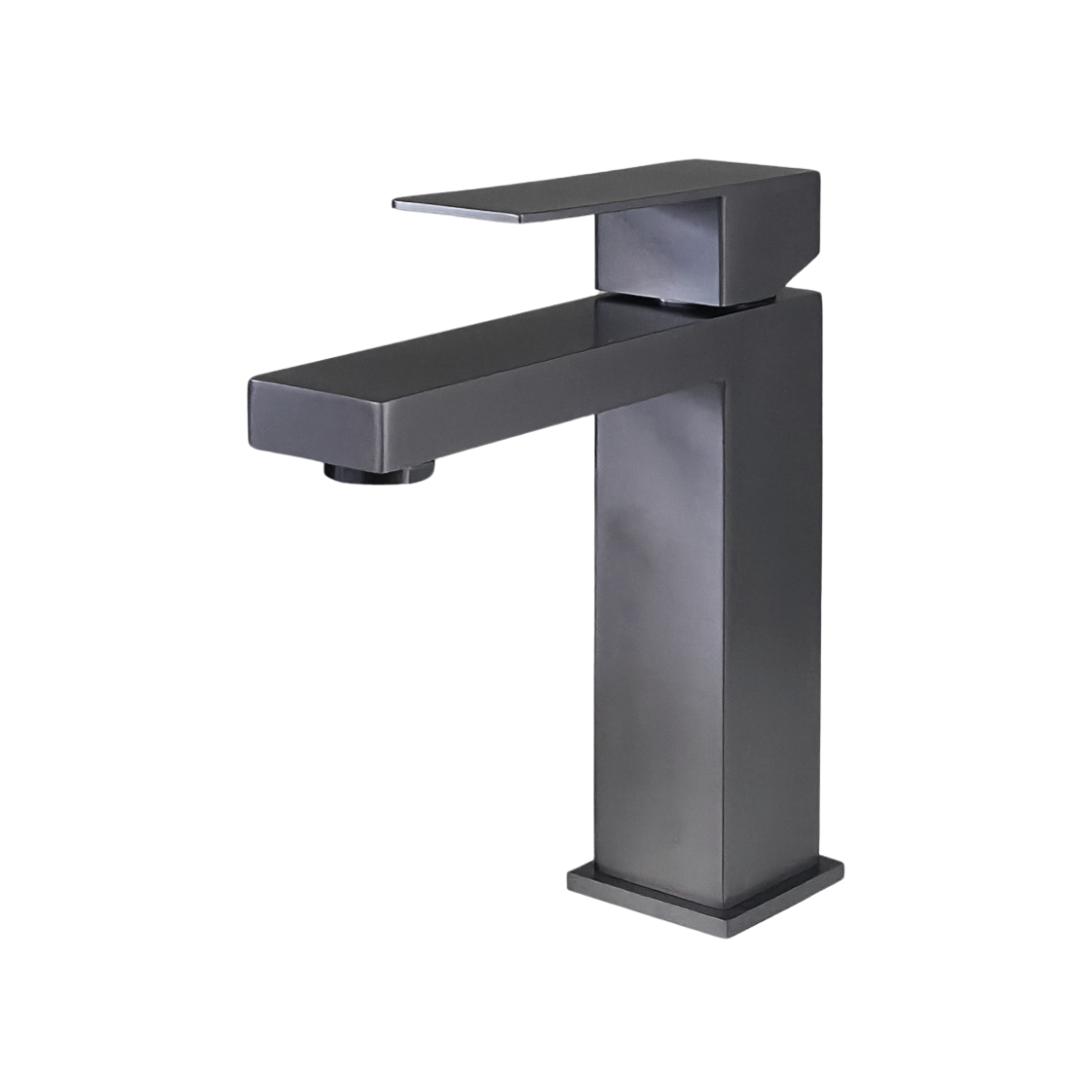 Grifo monomando bajo para lavamanos Kennedy Square en acero inoxidable gunmetal - Doble temperatura