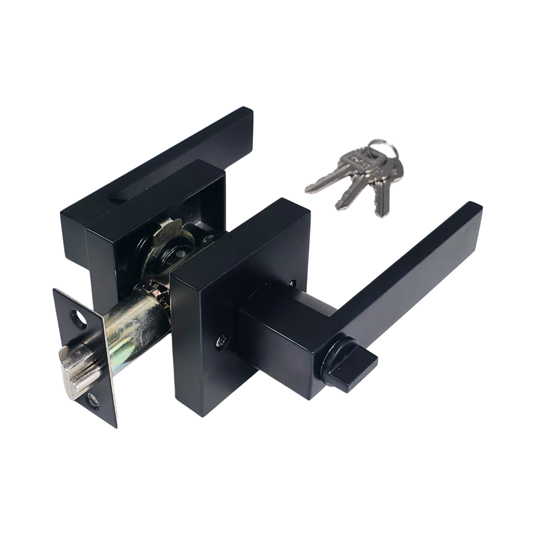 Cerradura tipo palanca cuadrada con llave en acero inoxidable negro mate