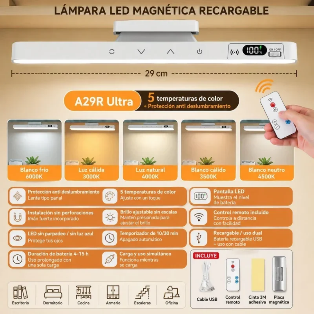Lámpara LED recargable con control y base magnética ajustable de 5 temperaturas
