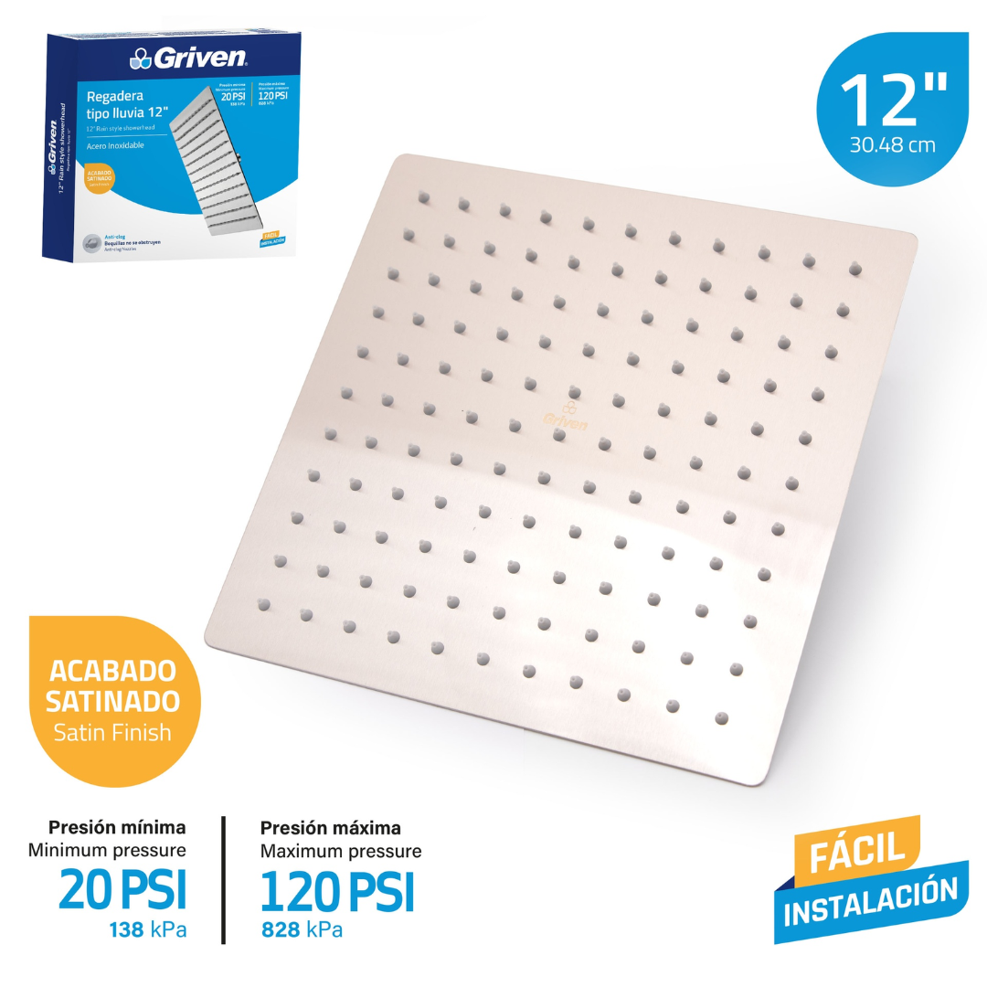 Regadera de ducha cuadrada 12" ultradelgada en acero inoxidable satinado