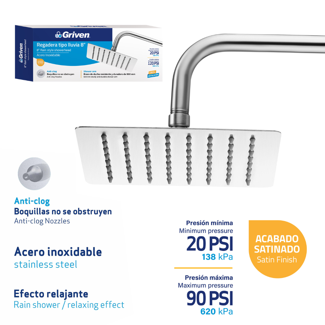 Regadera de ducha cuadrada 8″ ultradelgada en acero inoxidable satinado con tubo de 50 cm