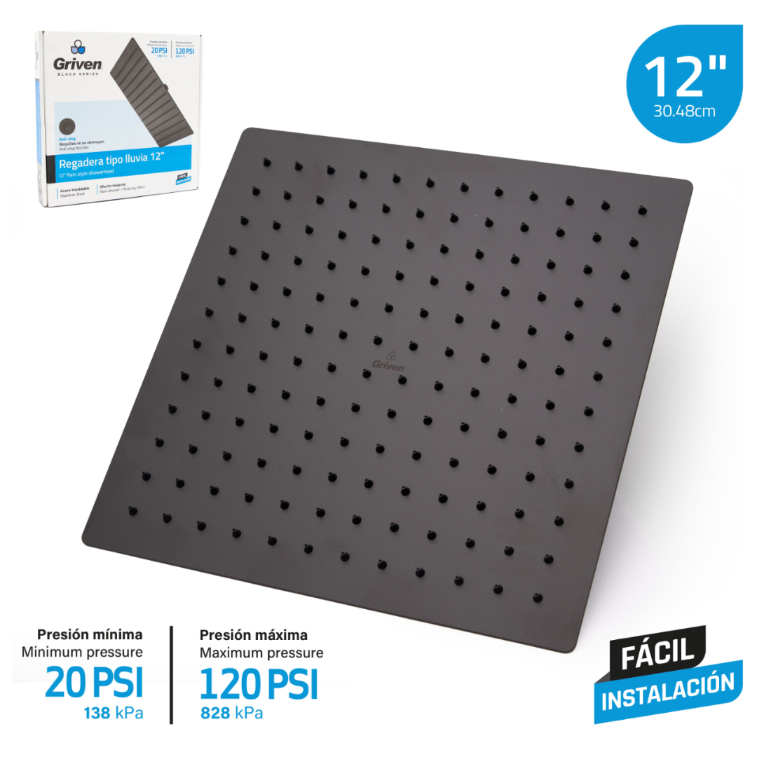 Regadera de ducha cuadrada 12" ultradelgada en acero inoxidable negro