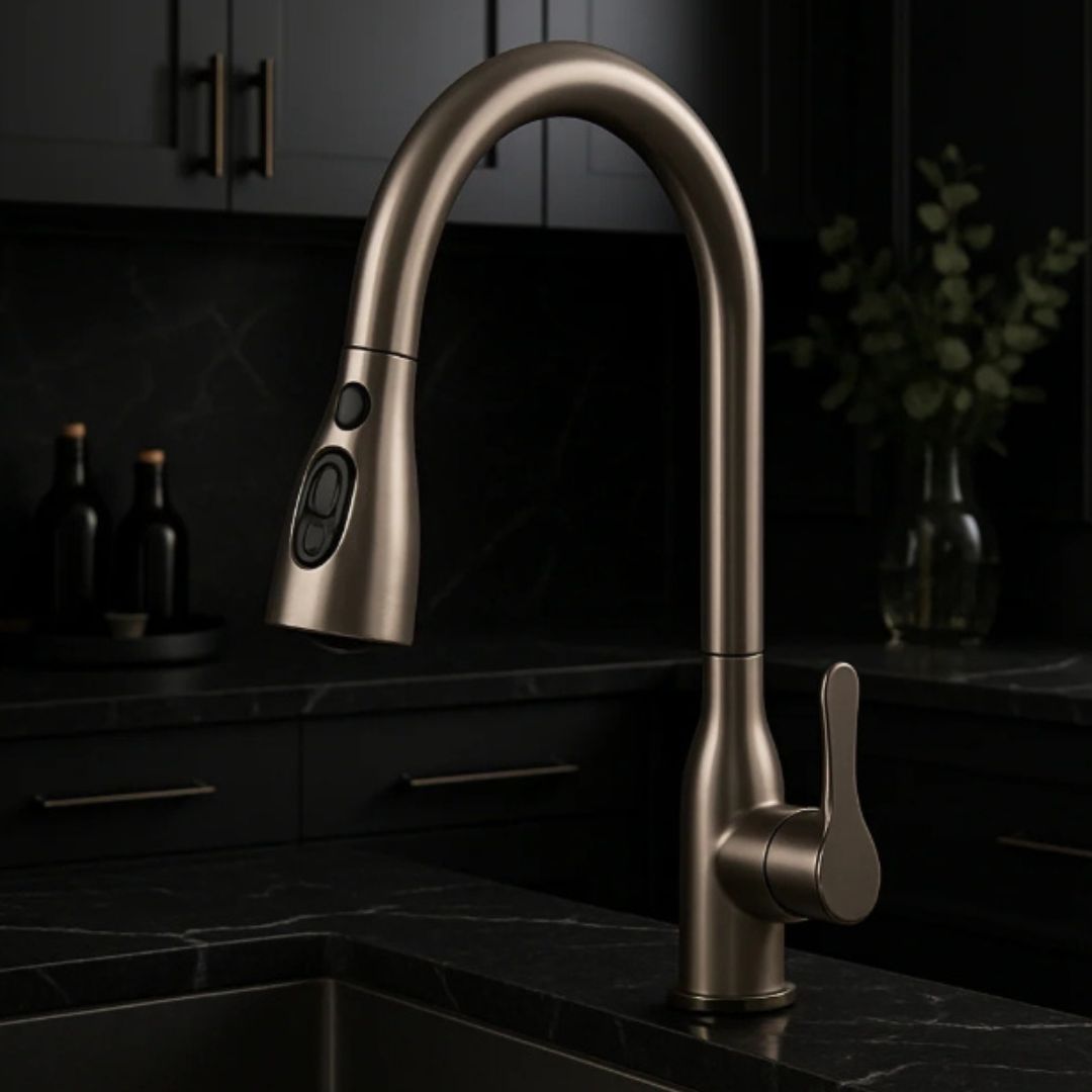 Grifo Monomando con Cuello Extensible en Acero Inoxidable Tipo Cisne - Acabado Gunmetal