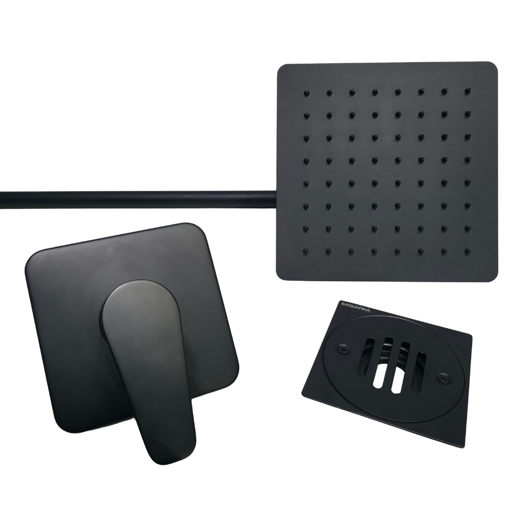 Combo de ducha cuadrada de 8" ultradelgada con tubo de 50 cm + Monomando mezclador + Desagüe 4" x 4" con acabado negro