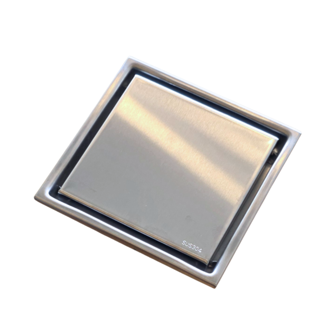 Desagüe para piso cuadrado 15 x 15 cm con doble función para inserción de baldosa en acero inoxidable satinado